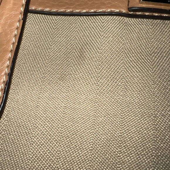 Etienne Aigner Tan Canvas & Faux Leather Shoulder Bag With Colorful Striped Inte - Picture 3 of 11